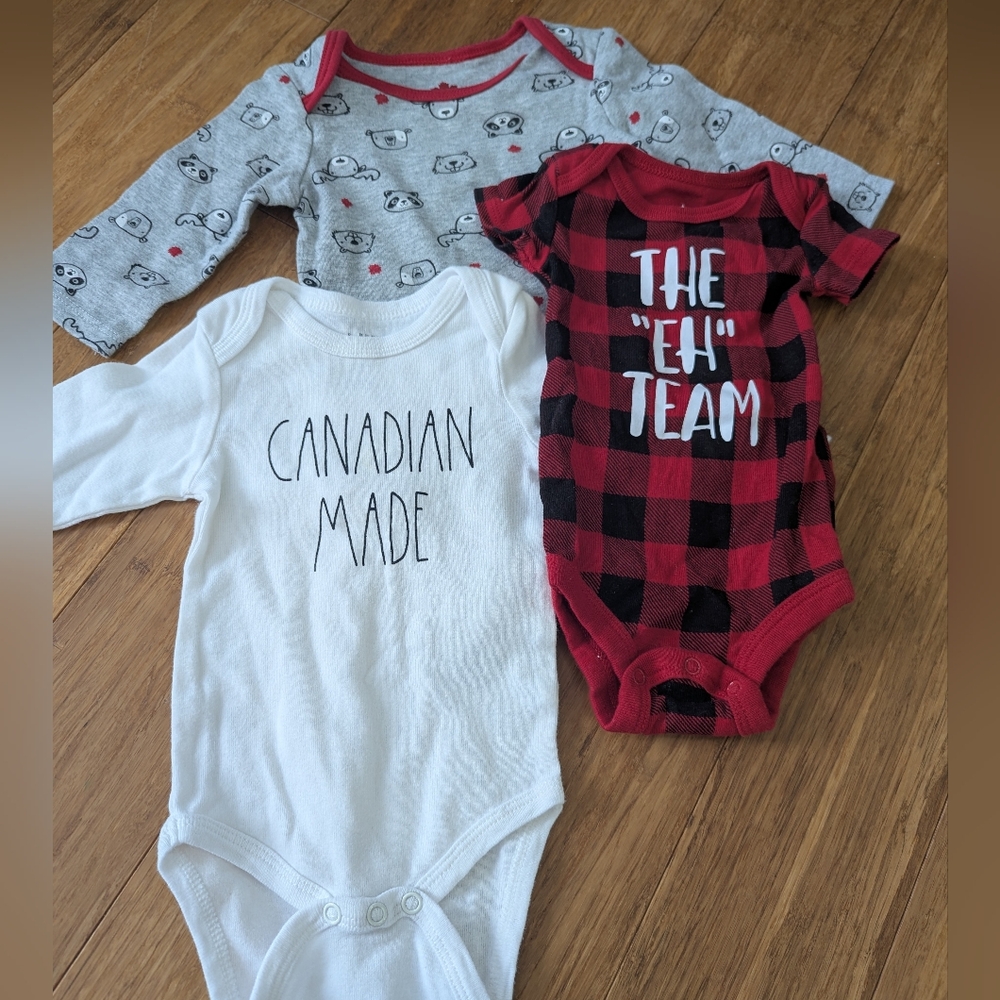 3Pc set of Canadiana & Rae Dunn Baby one piece bodysuits, gender neutral plaid